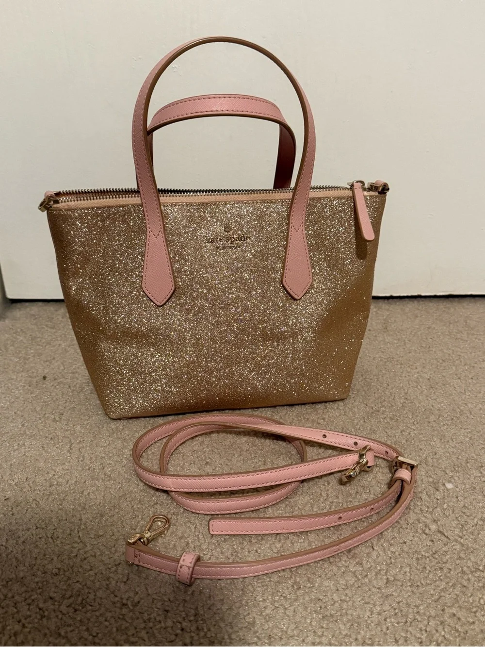 kate spade Gold Glitter Crossbody Tote with Pink Trim